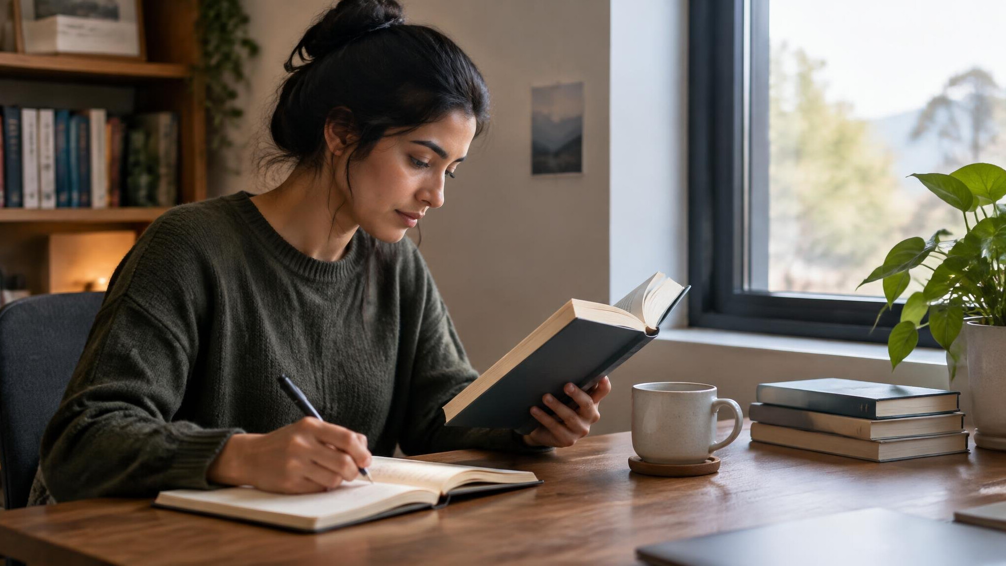 person reading book in quiet space
