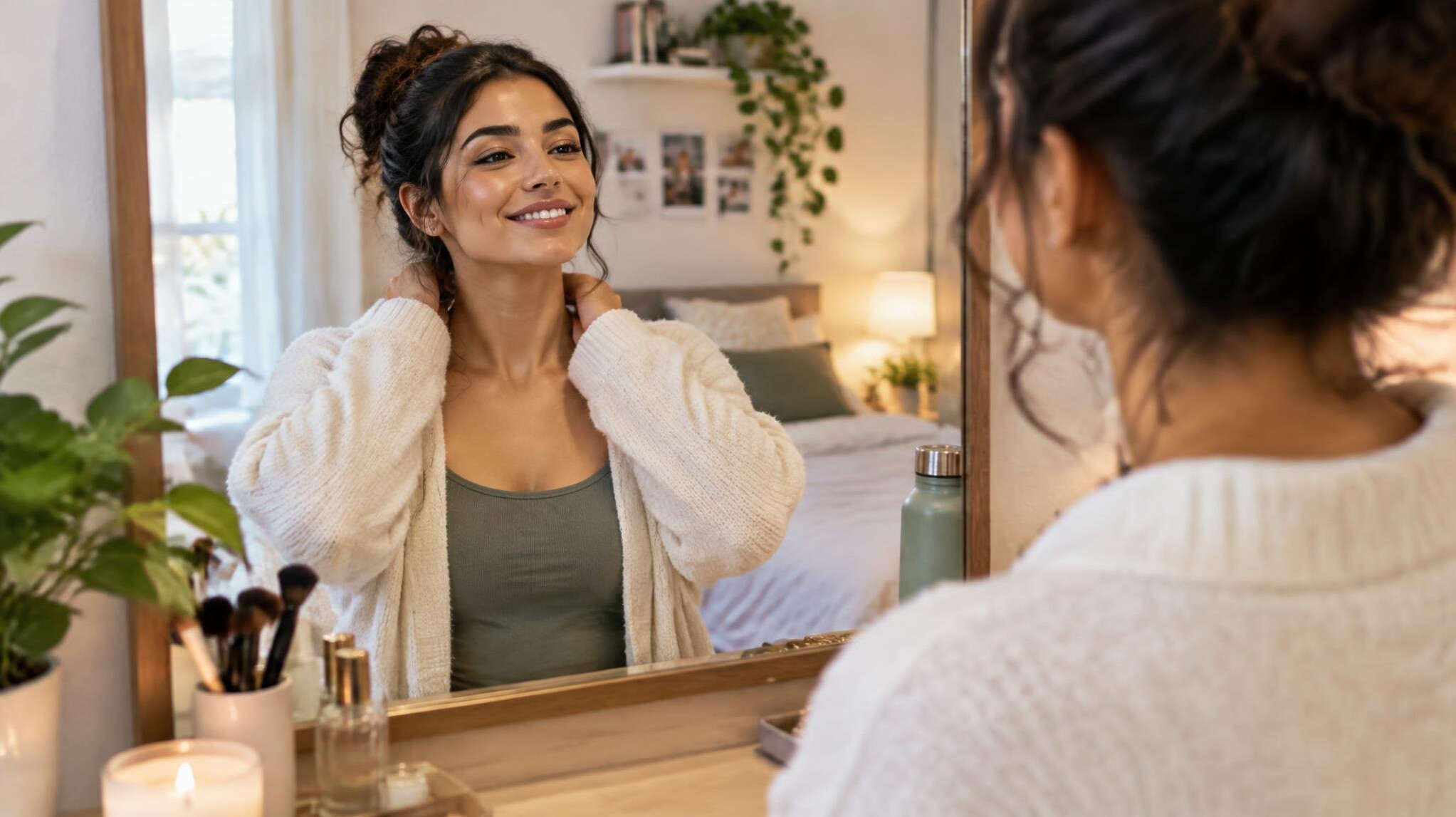 woman looking at mirror smiling