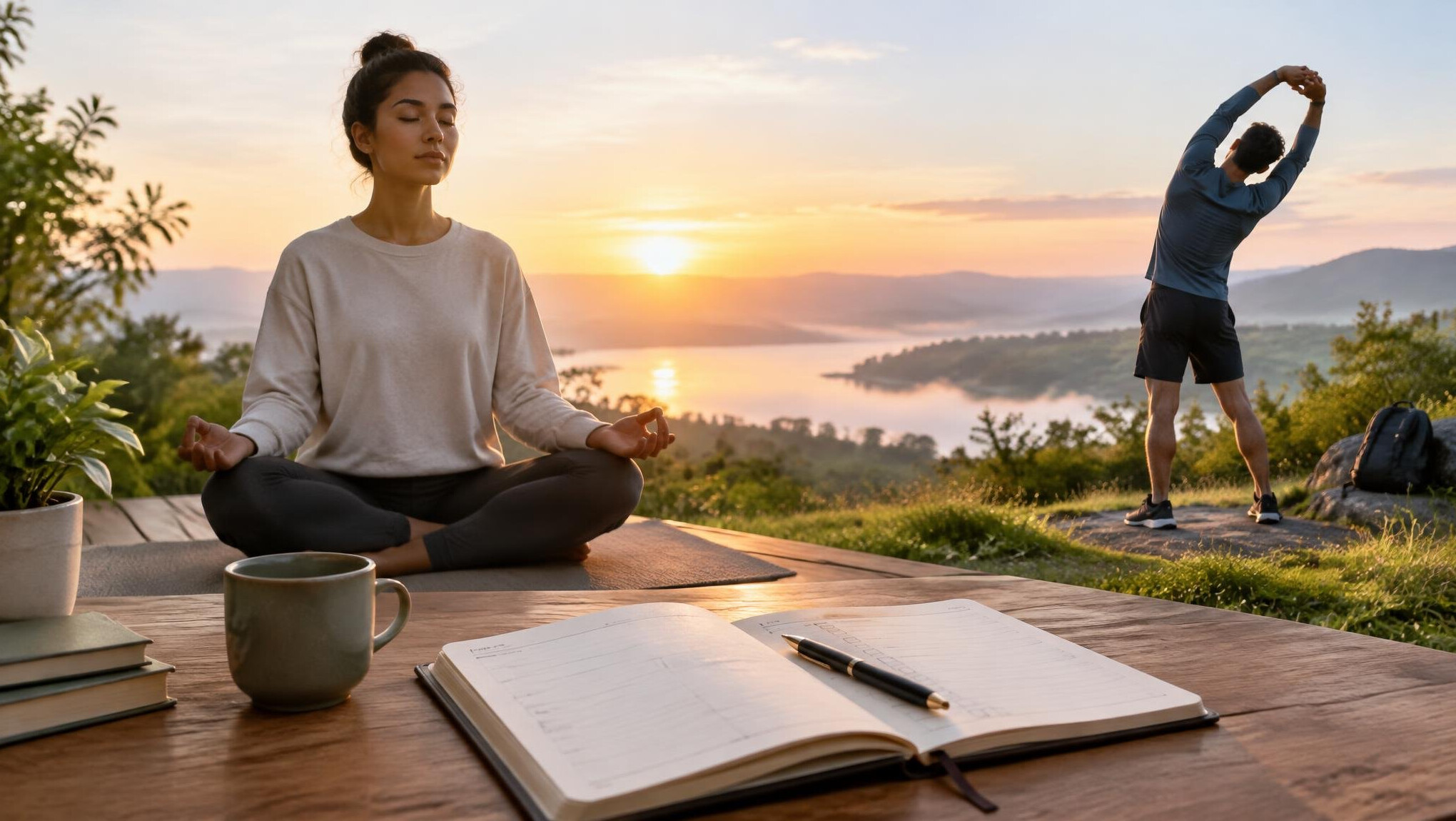person meditating at dawn