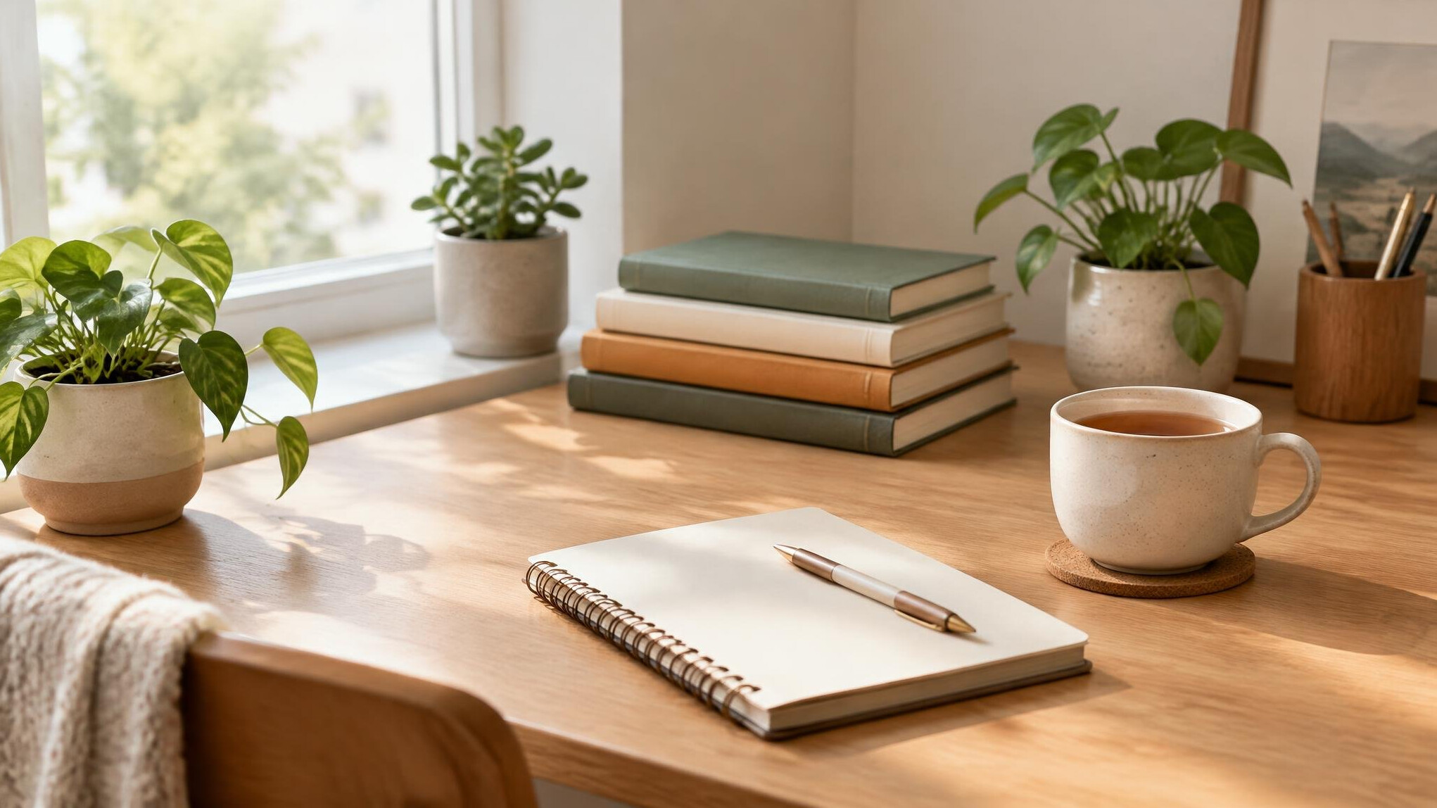 Mesa de escritorio organizada com plantas e livros