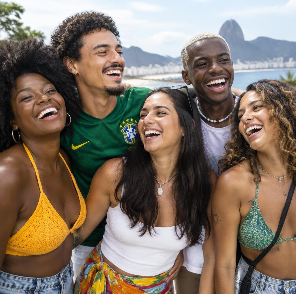 Grupo diverso de pessoas rindo juntas ao ar livre