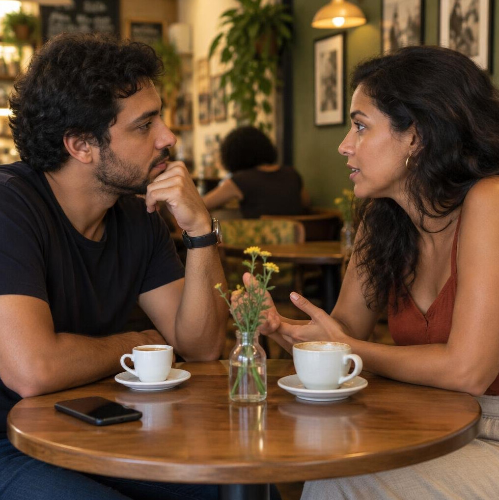 Duas pessoas em uma conversa profunda em um cafe