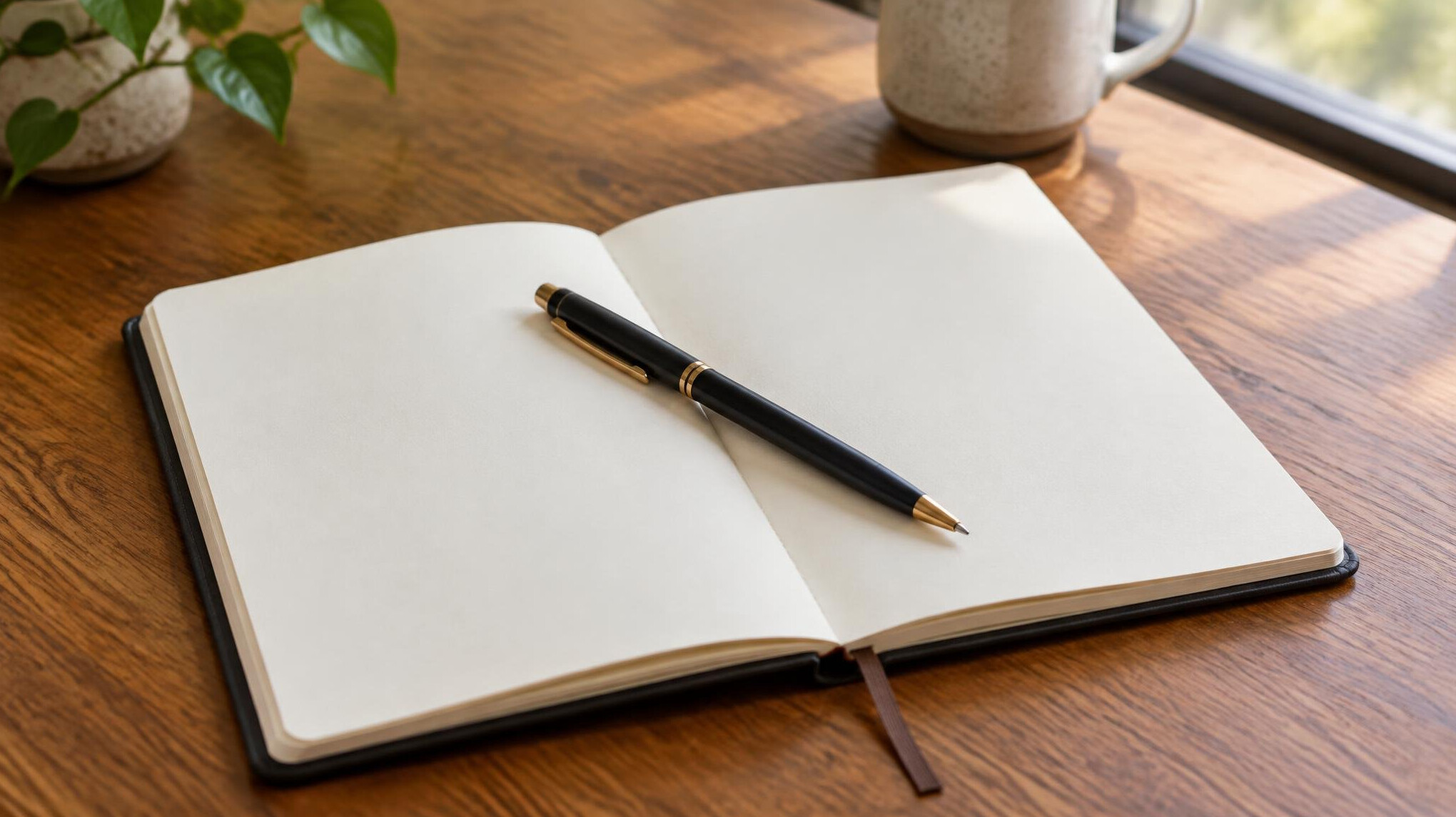 Caderno aberto com uma caneta sobre uma mesa de madeira