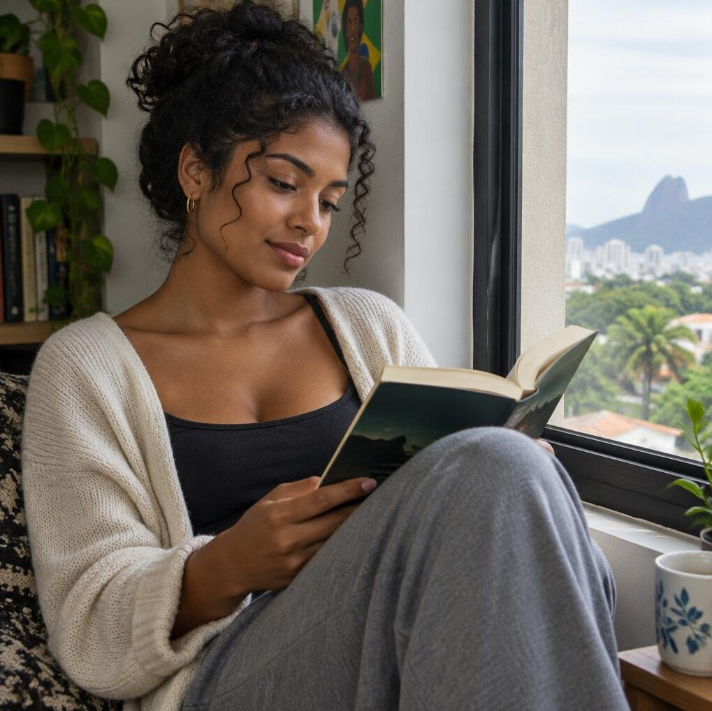 Mulher lendo um livro calmamente perto da janela