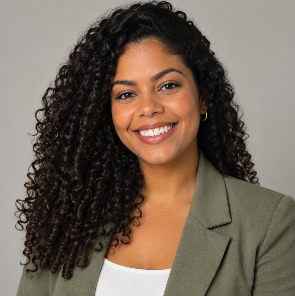 Retrato de uma mulher brasileira sorridente com cabelo cacheado